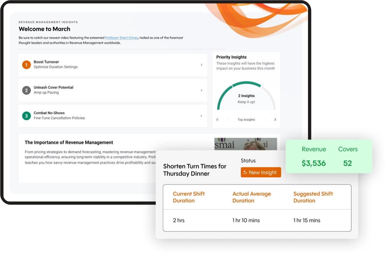 SevenRooms Revenue Management dashboard with tailored insights and a suggested shift-duration recommendation